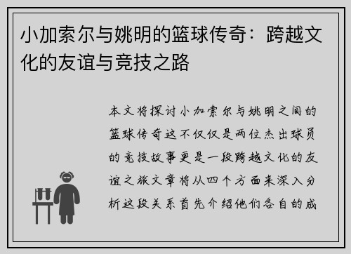 小加索尔与姚明的篮球传奇：跨越文化的友谊与竞技之路