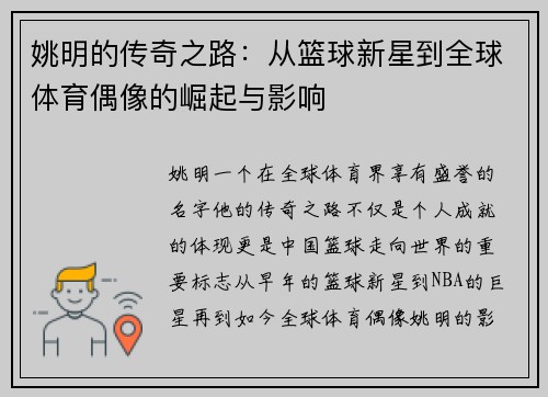 姚明的传奇之路：从篮球新星到全球体育偶像的崛起与影响