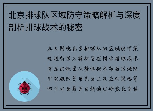 北京排球队区域防守策略解析与深度剖析排球战术的秘密