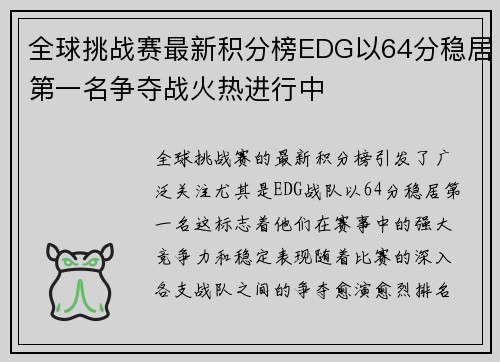全球挑战赛最新积分榜EDG以64分稳居第一名争夺战火热进行中