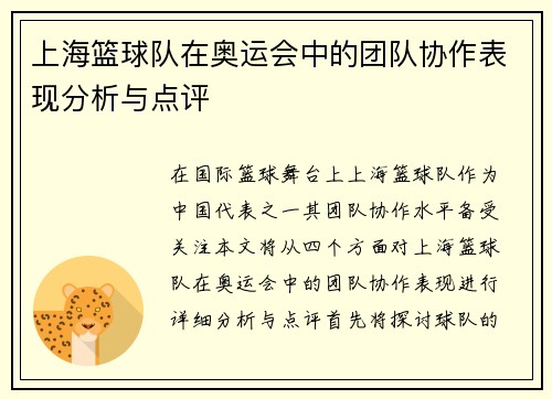 上海篮球队在奥运会中的团队协作表现分析与点评