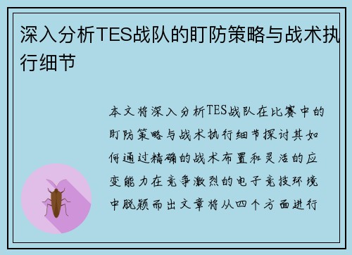 深入分析TES战队的盯防策略与战术执行细节