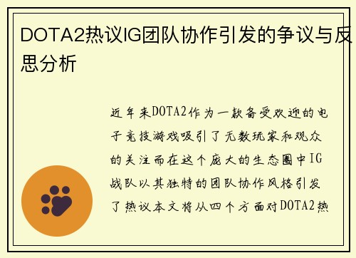 DOTA2热议IG团队协作引发的争议与反思分析